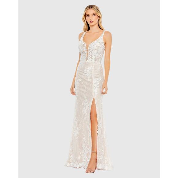 Mac Duggal NWT Glitter Floral Appliqué Sleeveless Mermaid Gown in Ivory Size 10 - Picture 1 of 9